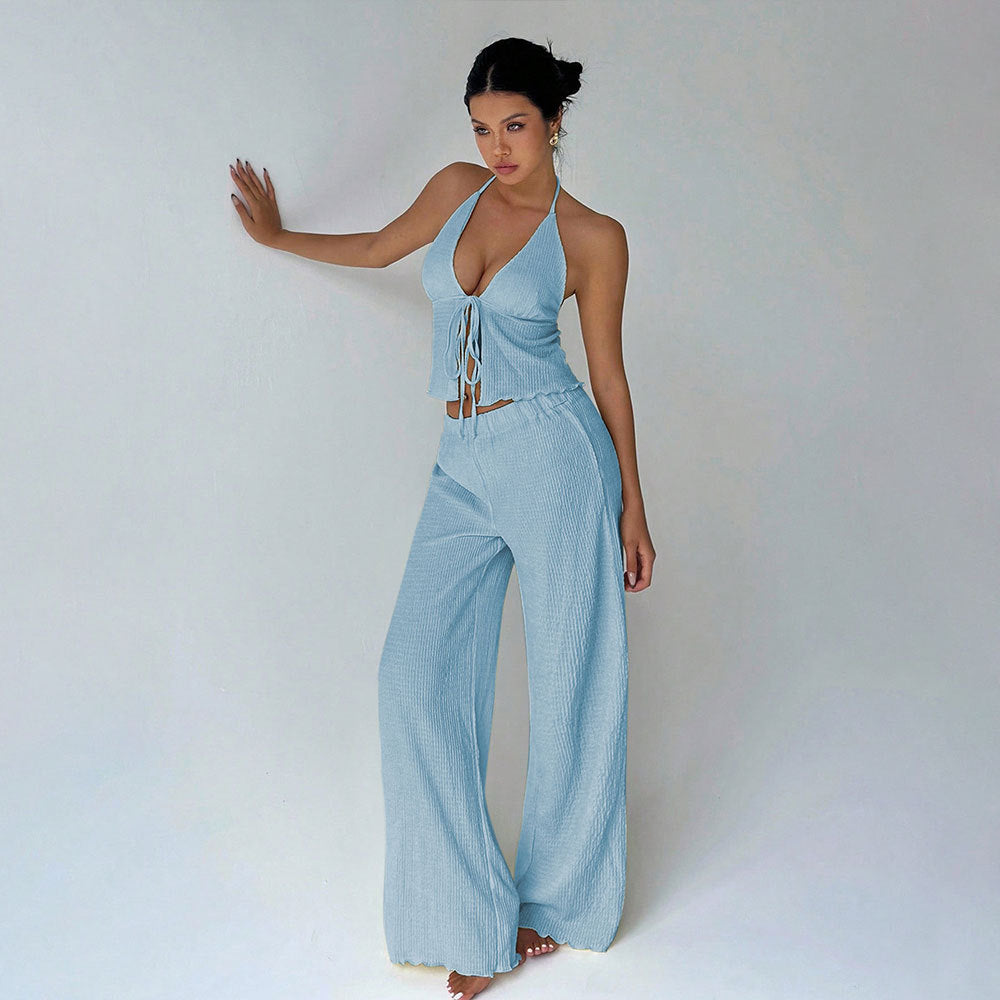 Women's Lazy Vacation Light Blue Halter Lace up Cropped Top with High Waist Wide Leg Pants Two Piece Sets