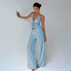 Women's Lazy Vacation Light Blue Halter Lace up Cropped Top with High Waist Wide Leg Pants Two Piece Sets