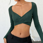 Elegant Cross V neck Long Sleeve Women Sexy Waist Tight