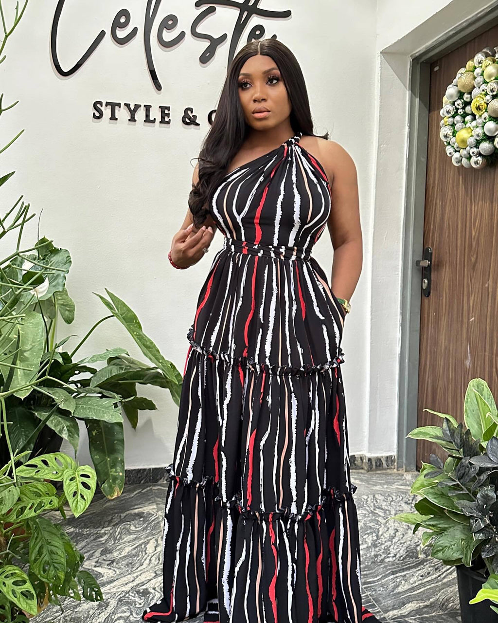 Printed Stitching Lace-Up Large One-Shoulder Backless Dress