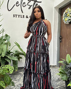 Printed Stitching Lace-Up Large One-Shoulder Backless Dress