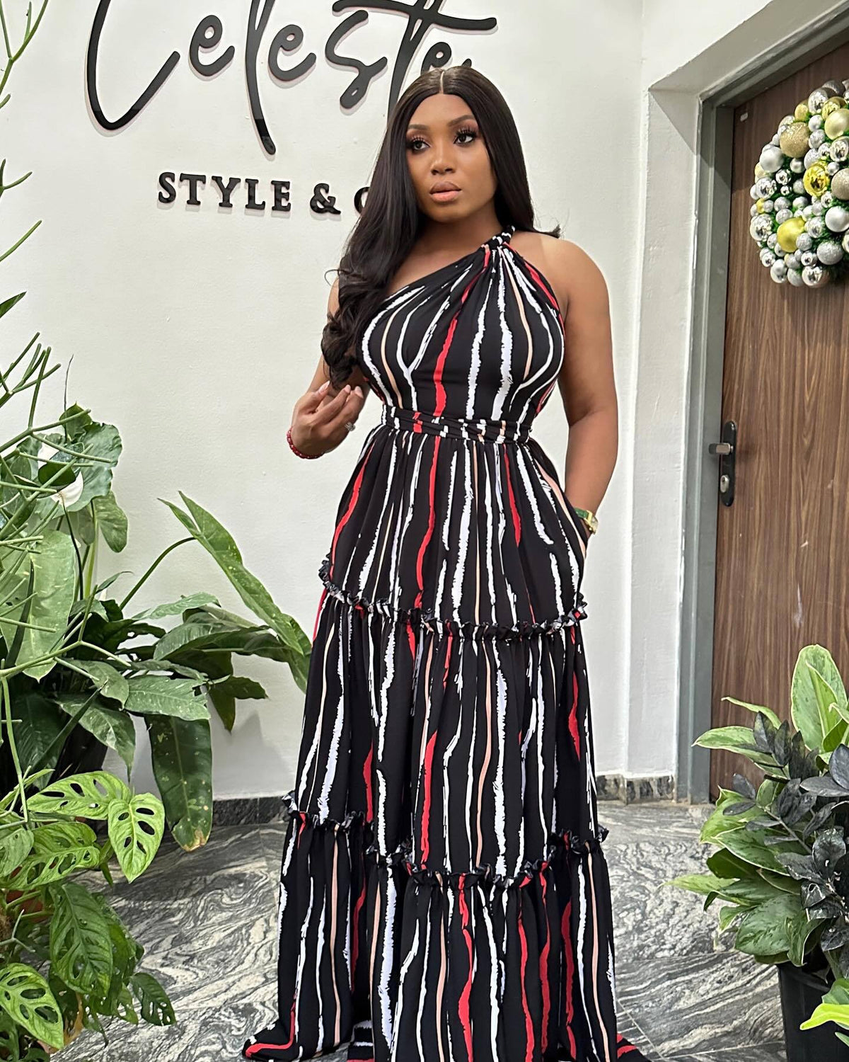 Printed Stitching Lace-Up Large One-Shoulder Backless Dress