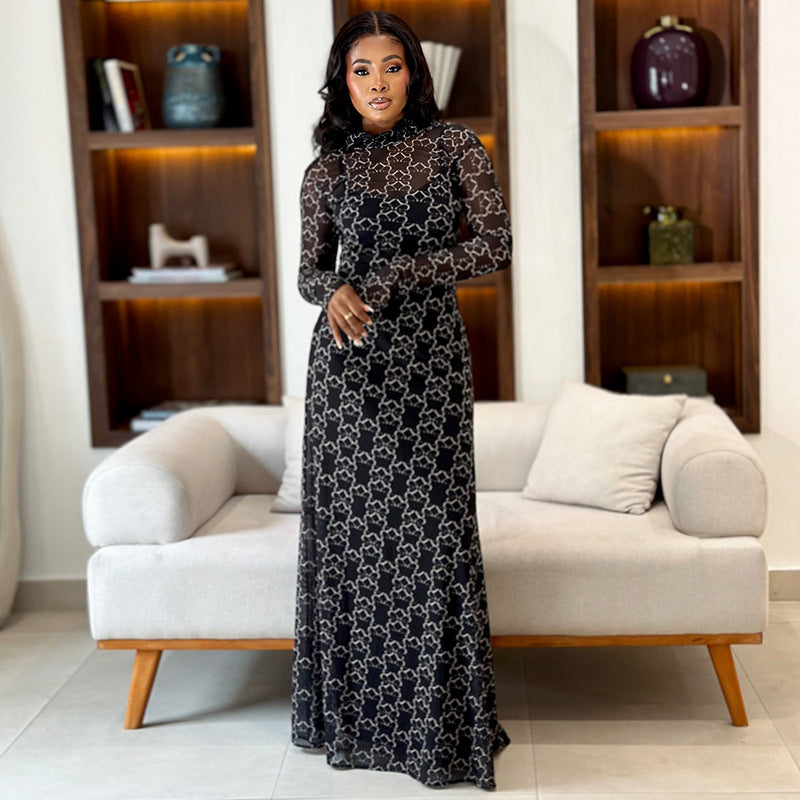 Slim Fit Printed Waist Controlled A line Dress Home Turtleneck