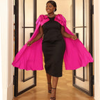 Bow Cape-Sleeve Split Midi Dress