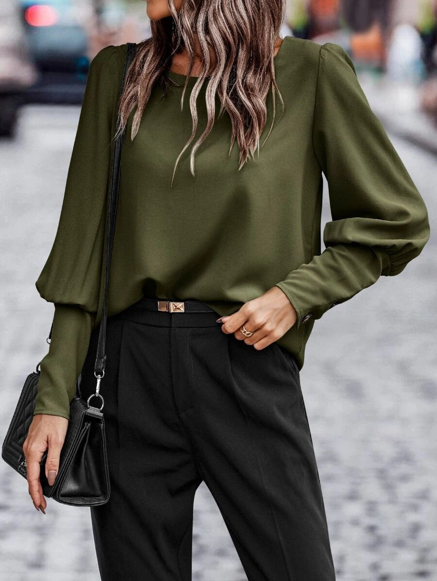 Women's Button-Front Long-Sleeve Blouse – Relaxed Office Top