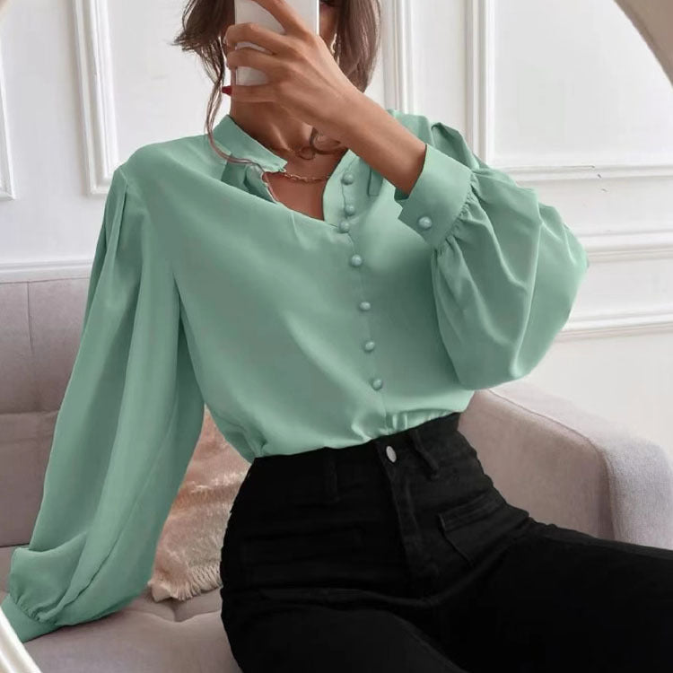 Women's Shirt Autumn Elegant Solid Color Collared Long Sleeve Single Row Button Loose Women Top