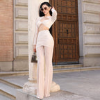 Women's Summer Black Long Sleeve Lightweight Twisted Mesh Two Piece Casual Suit Top Trousers