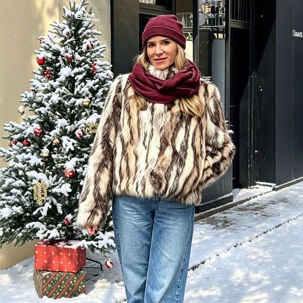 's Artificial Fur Jacket Autumn Winter Black White Top Fuzzy Coats
