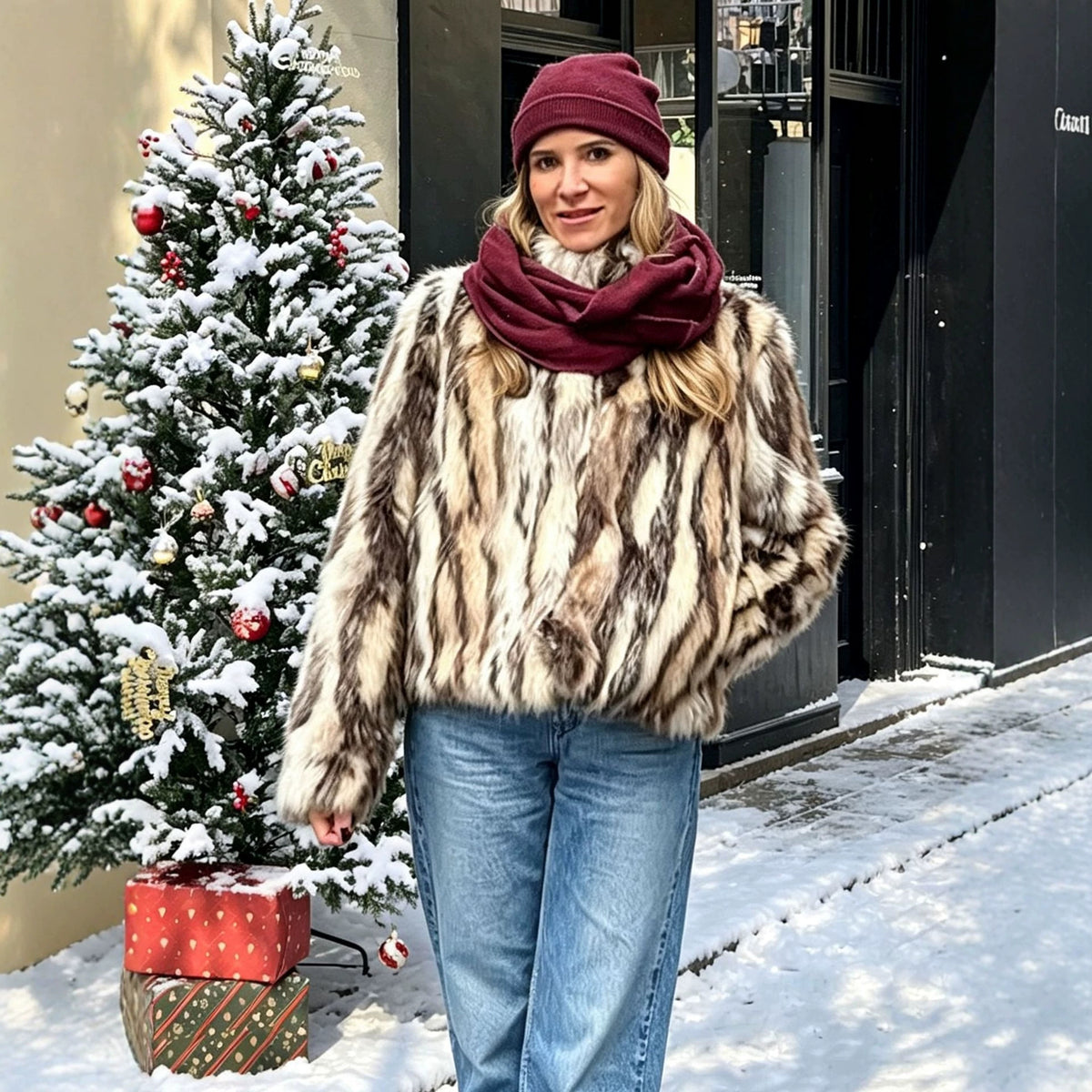 's Artificial Fur Jacket Autumn Winter Black White Top Fuzzy Coats