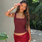 Women’s Burgundy Polka Dot Square Neck Crop Top