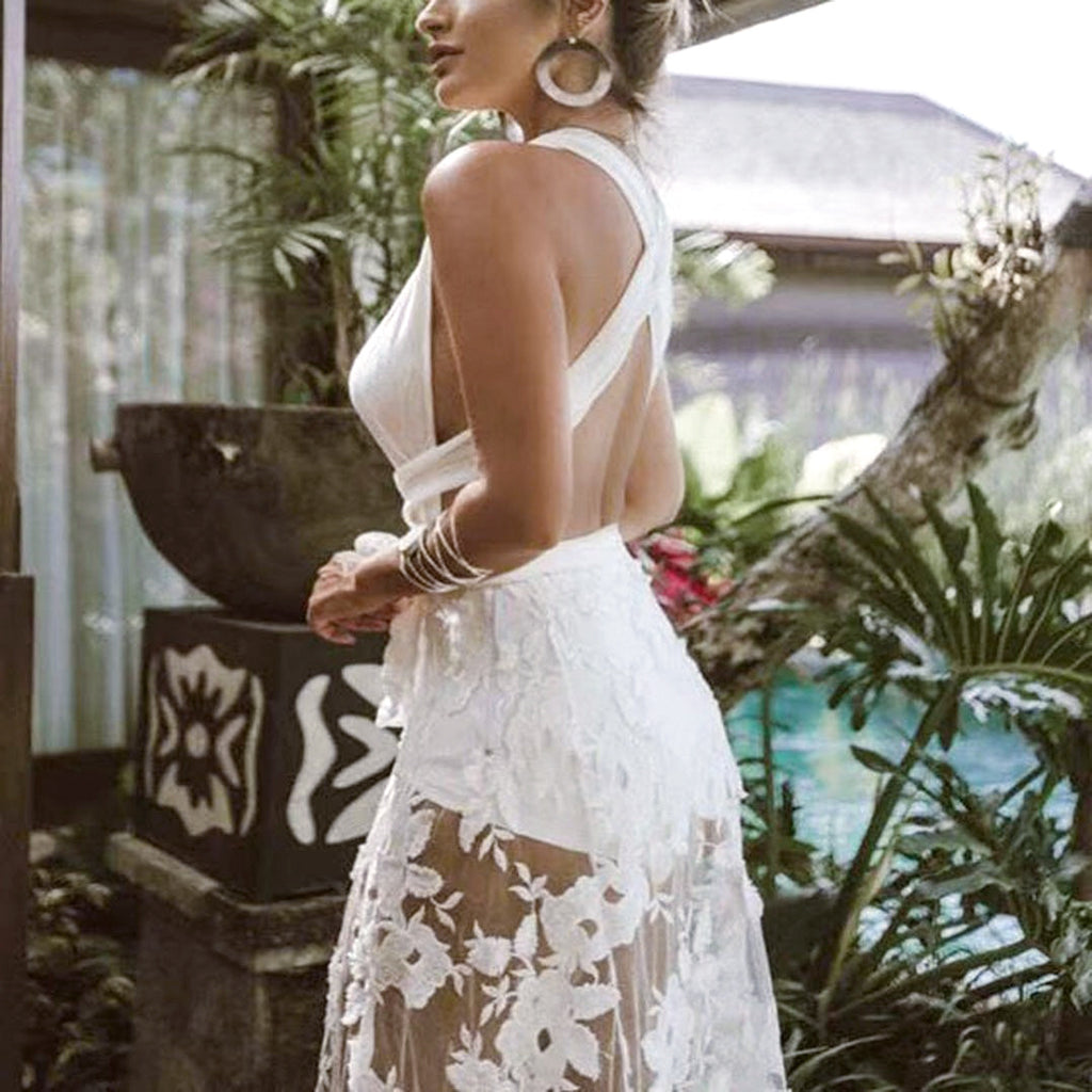 Women's Backless Lace Floral Beach Maxi Dress