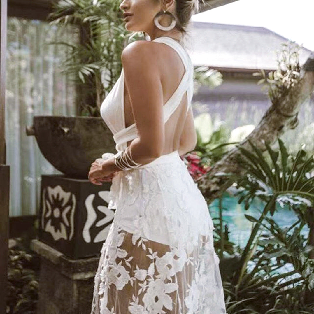 Women's Backless Lace Floral Beach Maxi Dress