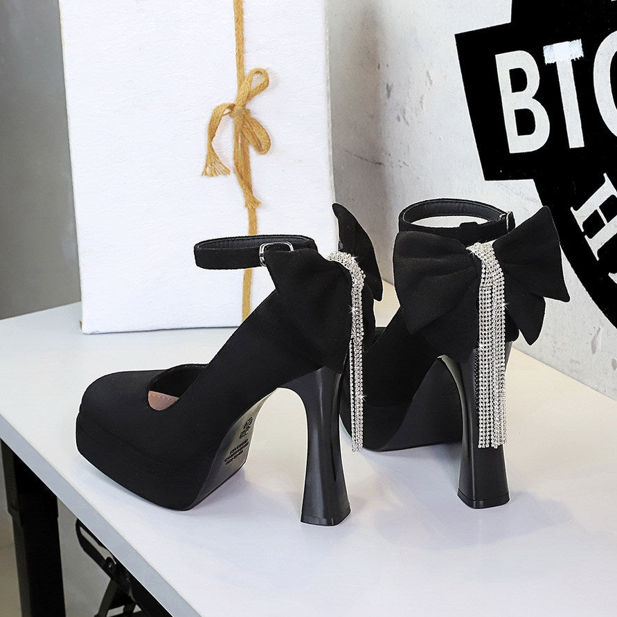 Women's Black Platform High Heels With Back Bow Detail