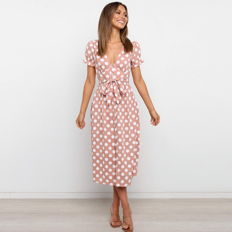 Women's Summer V Neck Ruffle Sleeve Single Breasted Waist Controlled Lace Up Polka Dot Dress