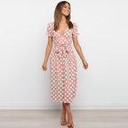 Women's Summer V Neck Ruffle Sleeve Single Breasted Waist Controlled Lace Up Polka Dot Dress
