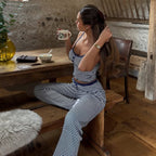 Casual Homewear Striped Contrast Color Breasted Sling Top Trousers Pajamas
