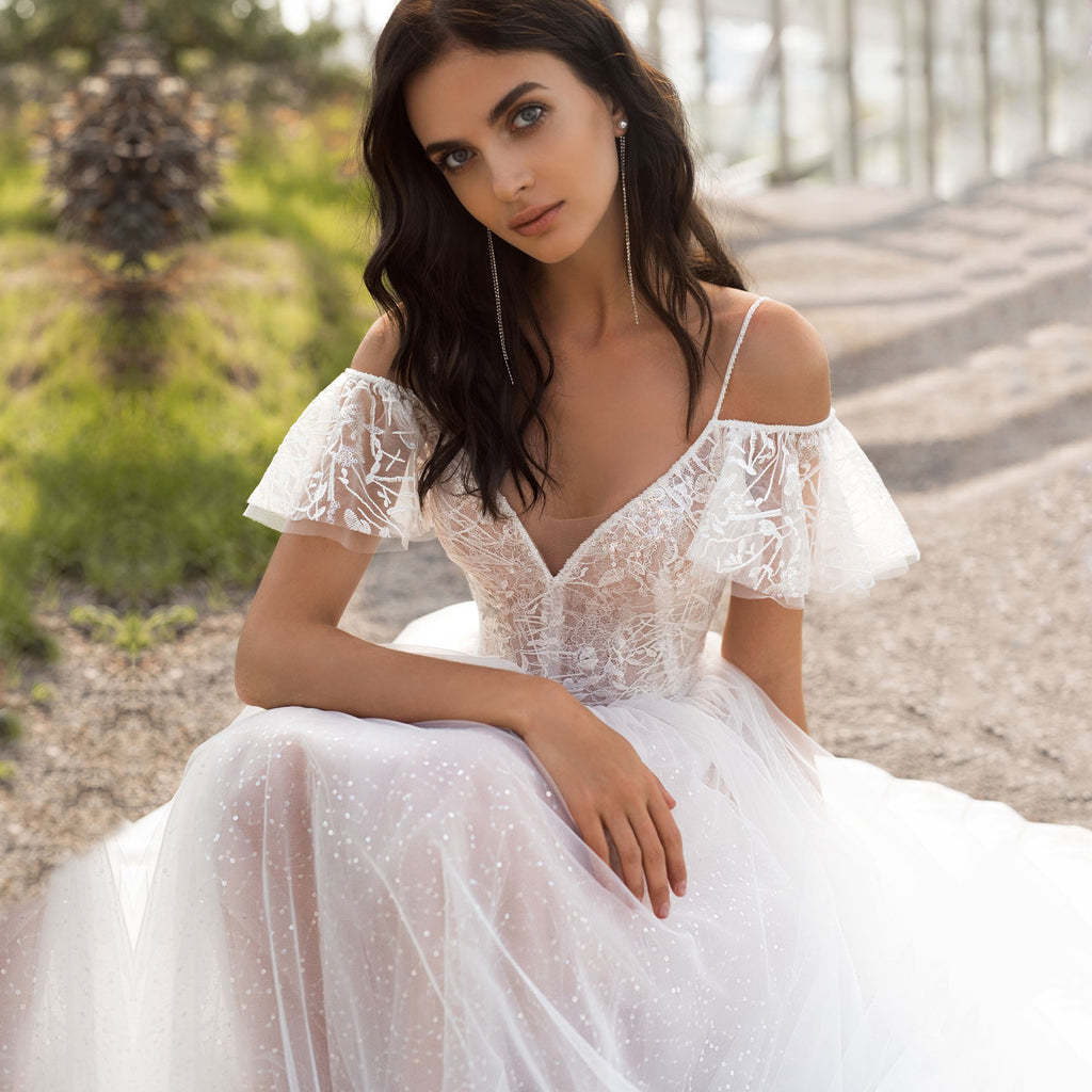 Lace V-Neck Cutout Short-Sleeve A-Line Maxi Dress