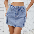 Summer Washed Retro Denim Cargo Pocket Short Skirt