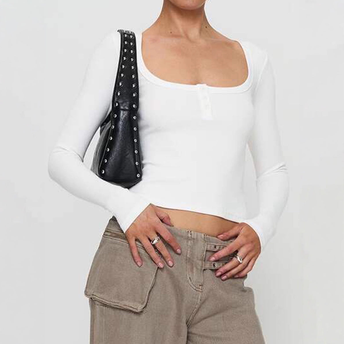 Women’s White Square Neck Button Front Long Sleeve Top