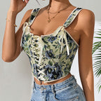 Printed Lace up Corset Sexy Vest Top Floral Wide Shoulder Strap Vest