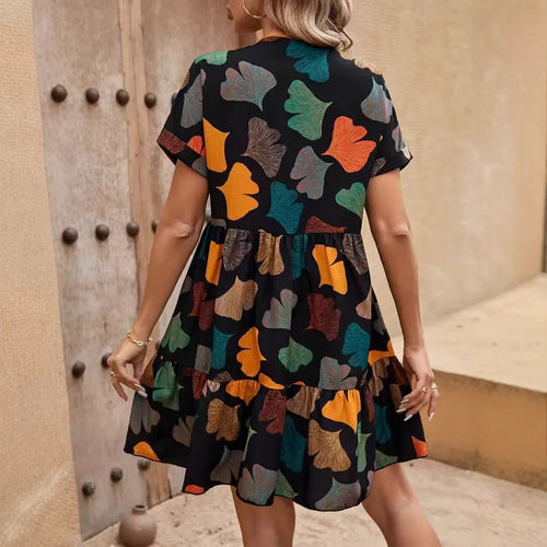 Western Young Noil Poplin Dress Women Summer Floral Mommy Thin Outer Wear V neck