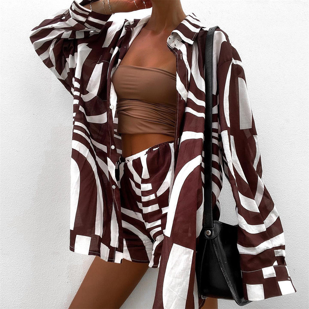 Women's Spring Summer Beach Casual Suit Loose Collared Long Sleeves Shirt Shorts Two-Piece Clothing