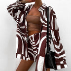 Women's Spring Summer Beach Casual Suit Loose Collared Long Sleeves Shirt Shorts Two-Piece Clothing