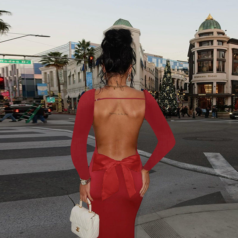 Holiday Long Sleeve Backless Bow Dress