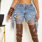High Waist Ripped Washed Personalized Hole Tassel Shorts