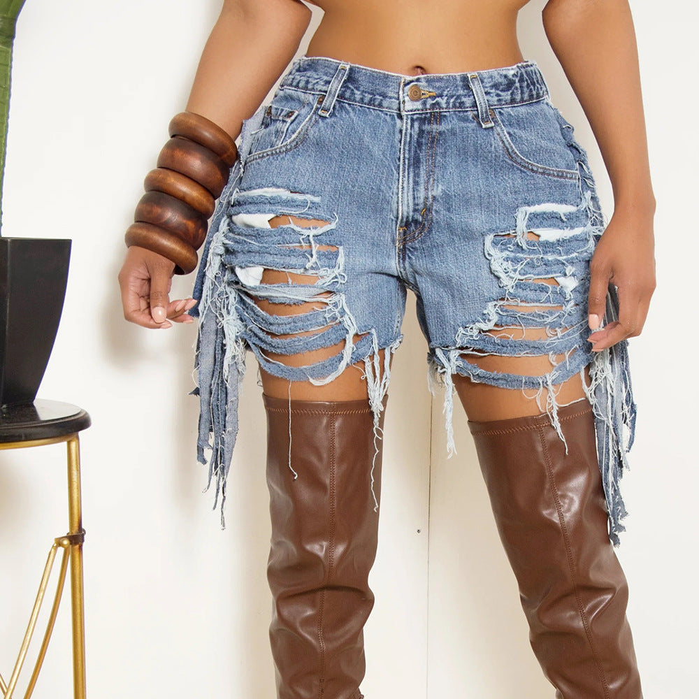High Waist Ripped Washed Personalized Hole Tassel Shorts