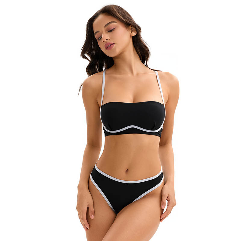 Black bikini with bandeau top and high-waist briefs, white contrast trim
