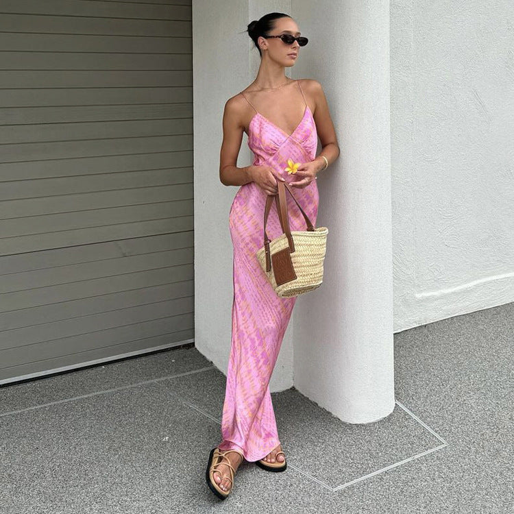 Printed V neck Suspender Side Slit Backless
