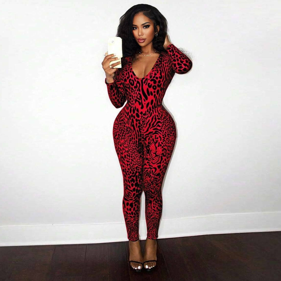Women's Leopard Print Long-Sleeve Jumpsuit