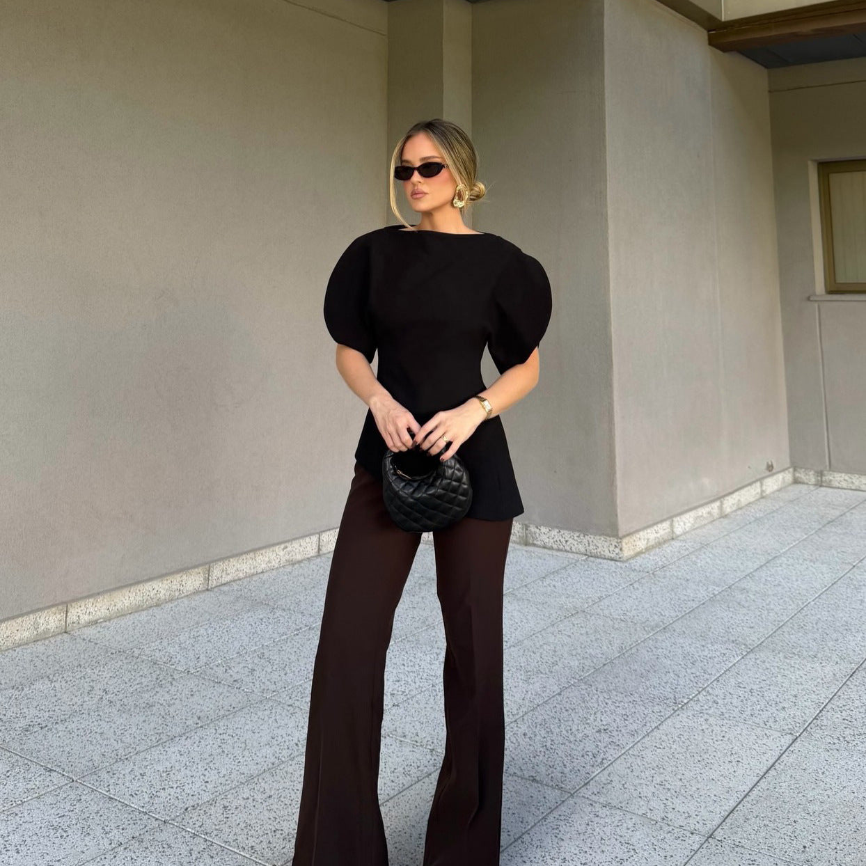 Niche Design Black Short Sleeve Wide Waist Slimming Shirt