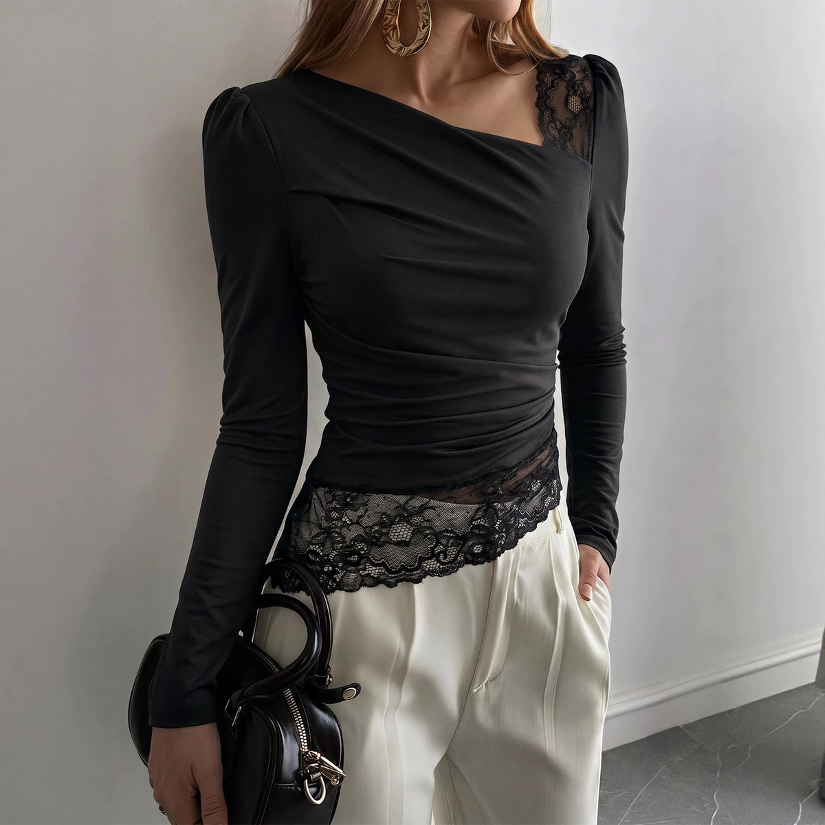 Women's Shoulder Pleated Long Sleeved T Shirt Lace Stitching