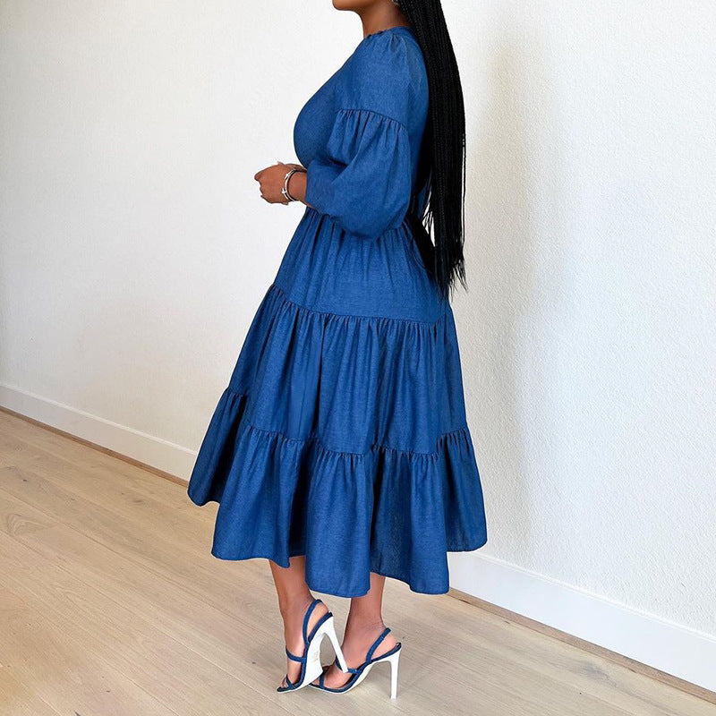 Round-Neck Half-Sleeve Denim Dress