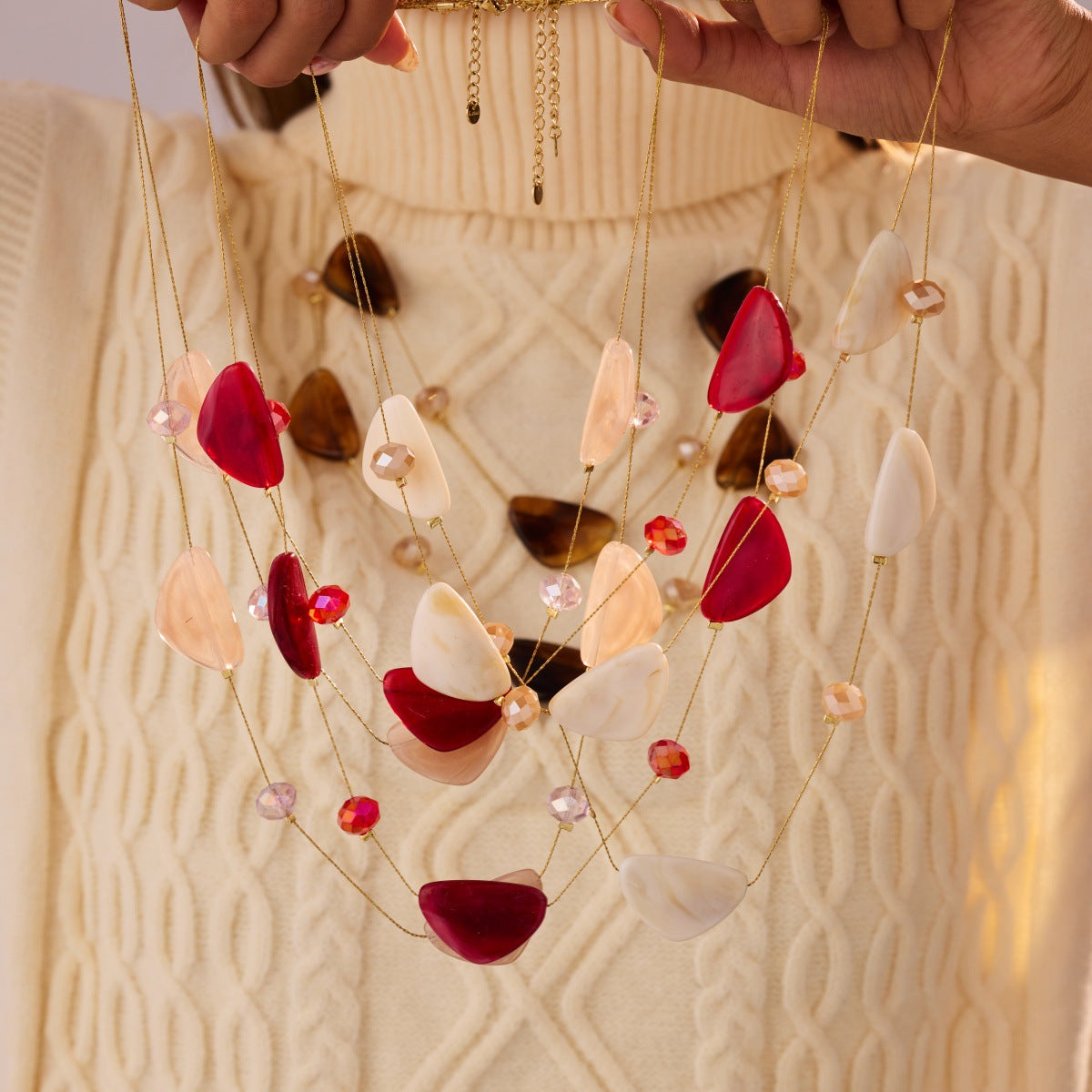 Double Layer Necklace Creative All Match Geometric Abstract Resin Love Crystal Sweater Necklace