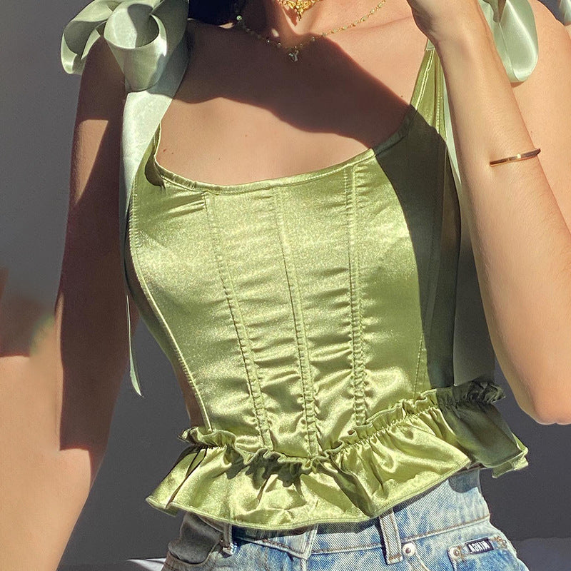 Fashionable Green Ruffled Silk Lace Up Waist Top