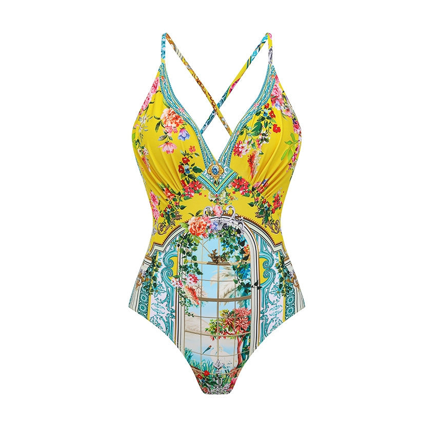 Printed one-piece swimsuit with V-neck crisscross back straps and high-cut legs