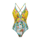 Printed one-piece swimsuit with V-neck crisscross back straps and high-cut legs