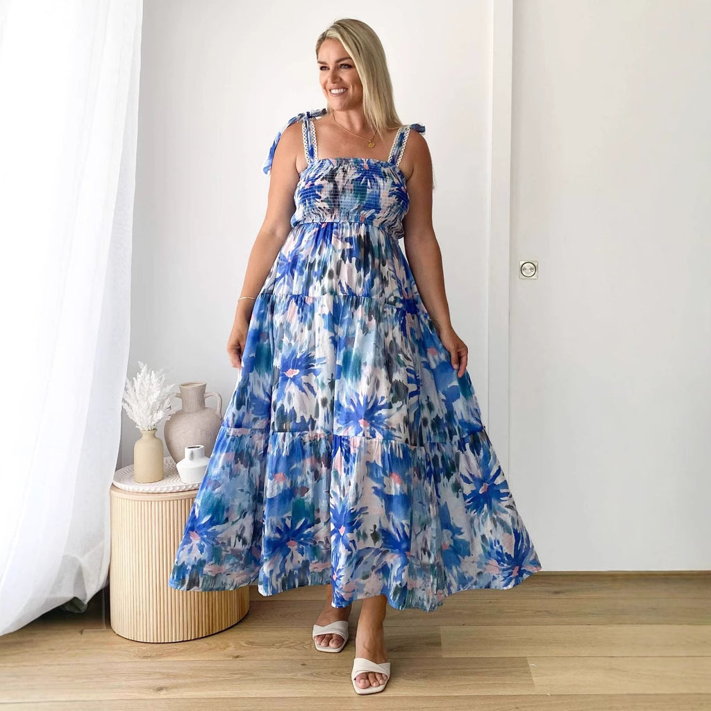 Smocking Elastic Waist Knotted Shoulder Strap A-Line Dress Long
