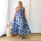 Smocking Elastic Waist Knotted Shoulder Strap A-Line Dress Long