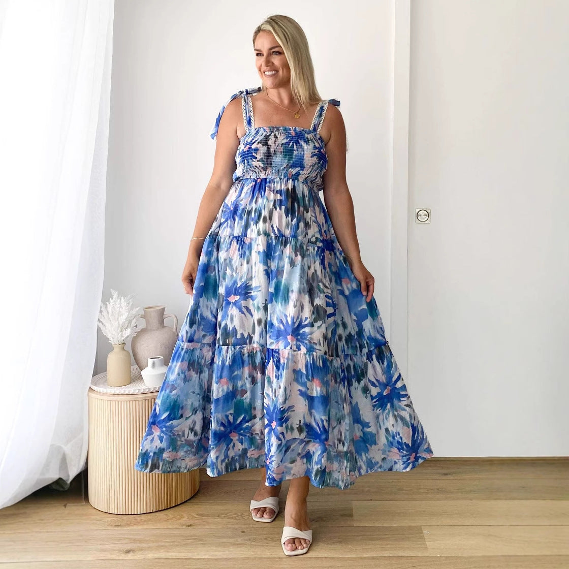 Smocking Elastic Waist Knotted Shoulder Strap A-Line Dress Long
