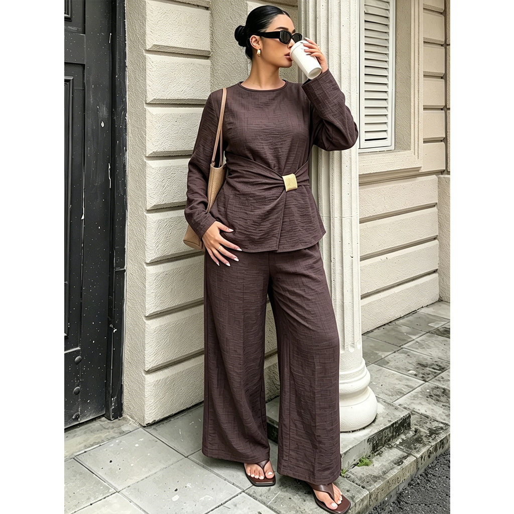 Women's Dark Brown Top & Wide-Leg Pants Set