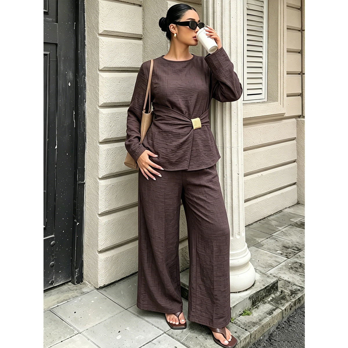 Women's Dark Brown Top & Wide-Leg Pants Set