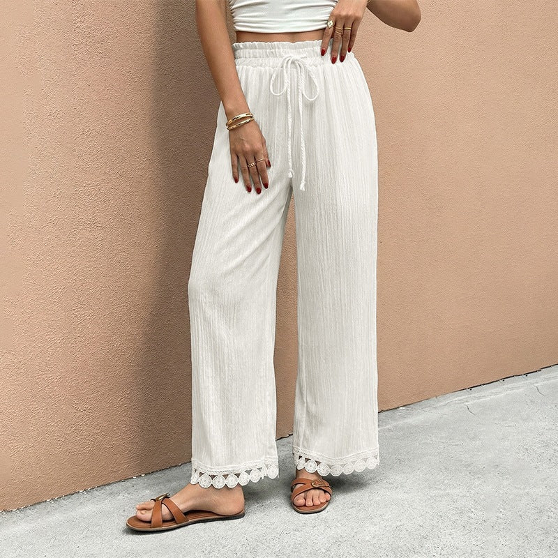 Women's White Lace-Up Straight-Leg Pants