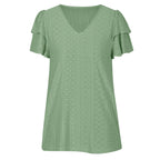 Women's Ruffle-Sleeve V-Neck Top – Double-Layer Short-Sleeve Tee