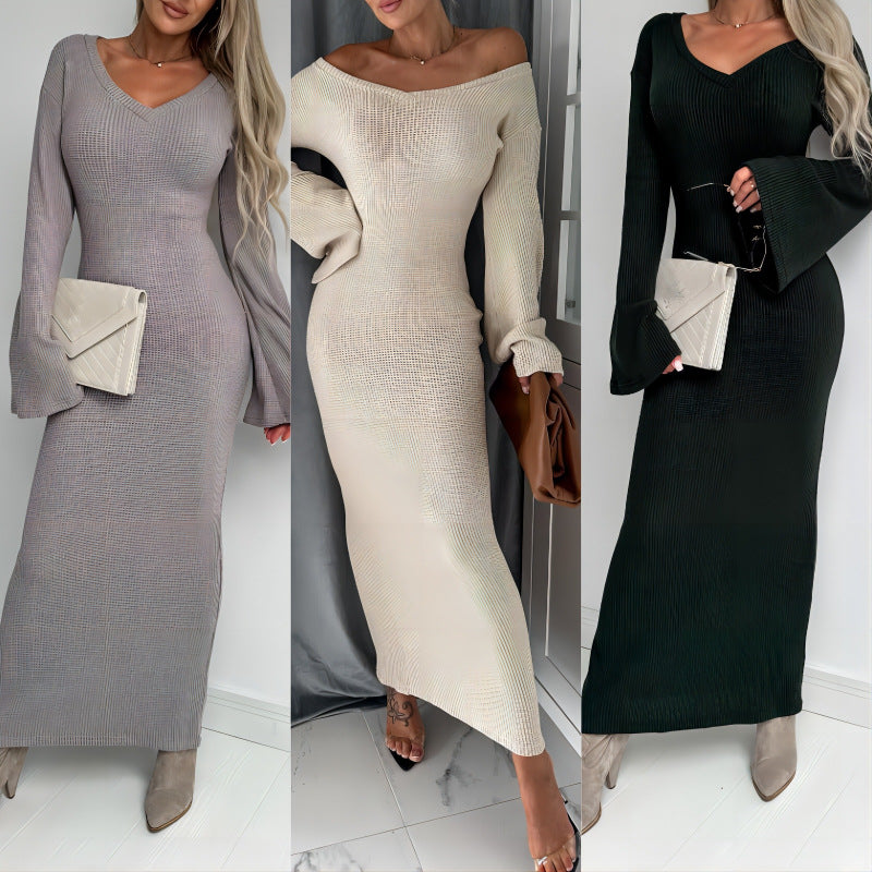 Women's Ribbed V-Neck Trumpet-Sleeve Sweater Maxi Dress
