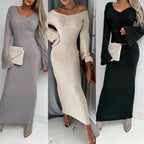 Women's Ribbed V-Neck Trumpet-Sleeve Sweater Maxi Dress