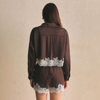 Women's Autumn Shorts Set Striped Shirt Collar Loose Long Sleeve Lace Stitching Hem